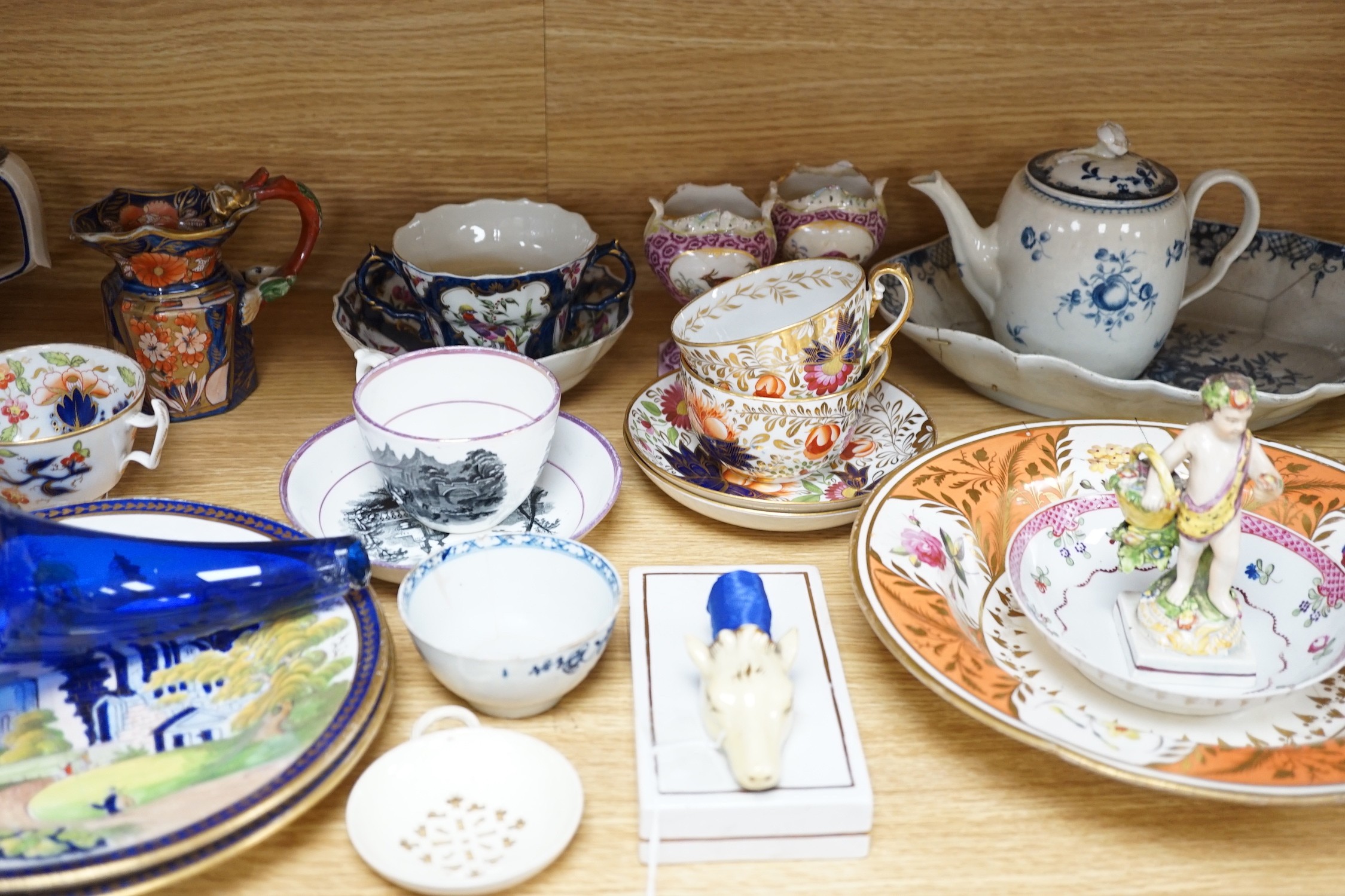 A collection of late 18th/19th century English ceramic teapots, cabinet cups, a jug, dishes and plates etc